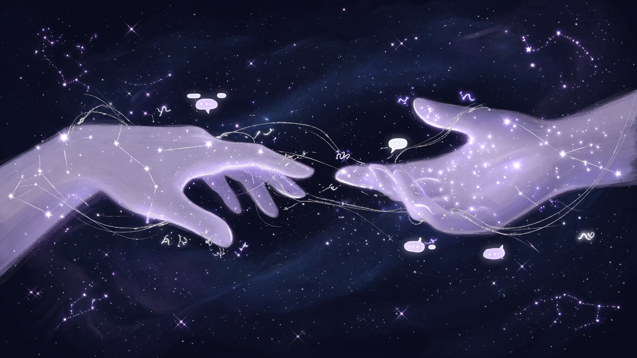 Two constellation hands almost touching across a starry void