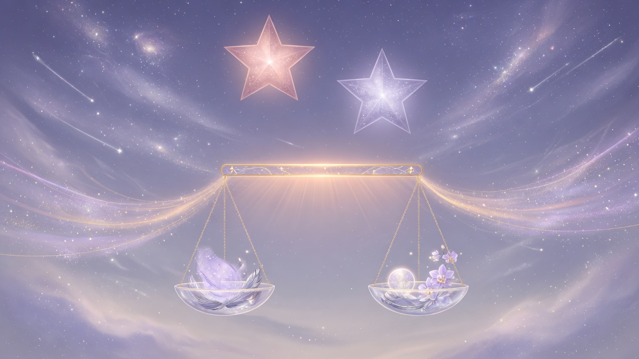 Balanced celestial scales glowing beneath twin stars