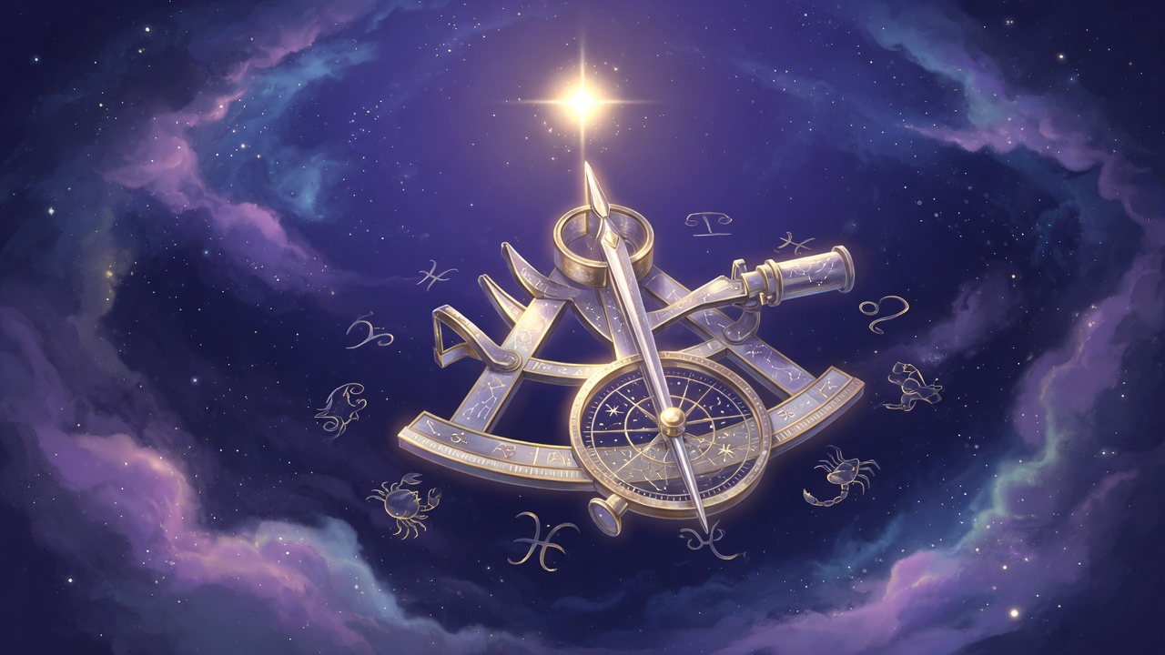 A glowing celestial compass pointing to a zenith star among zodiac glyphs