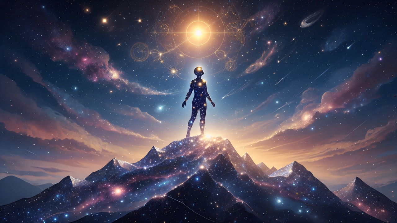A constellation figure standing at a star-formed mountain summit under a golden Midheaven point