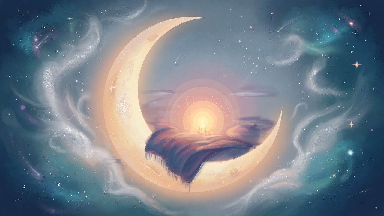 A crescent moon cradling a scene of candlelight and a folded blanket