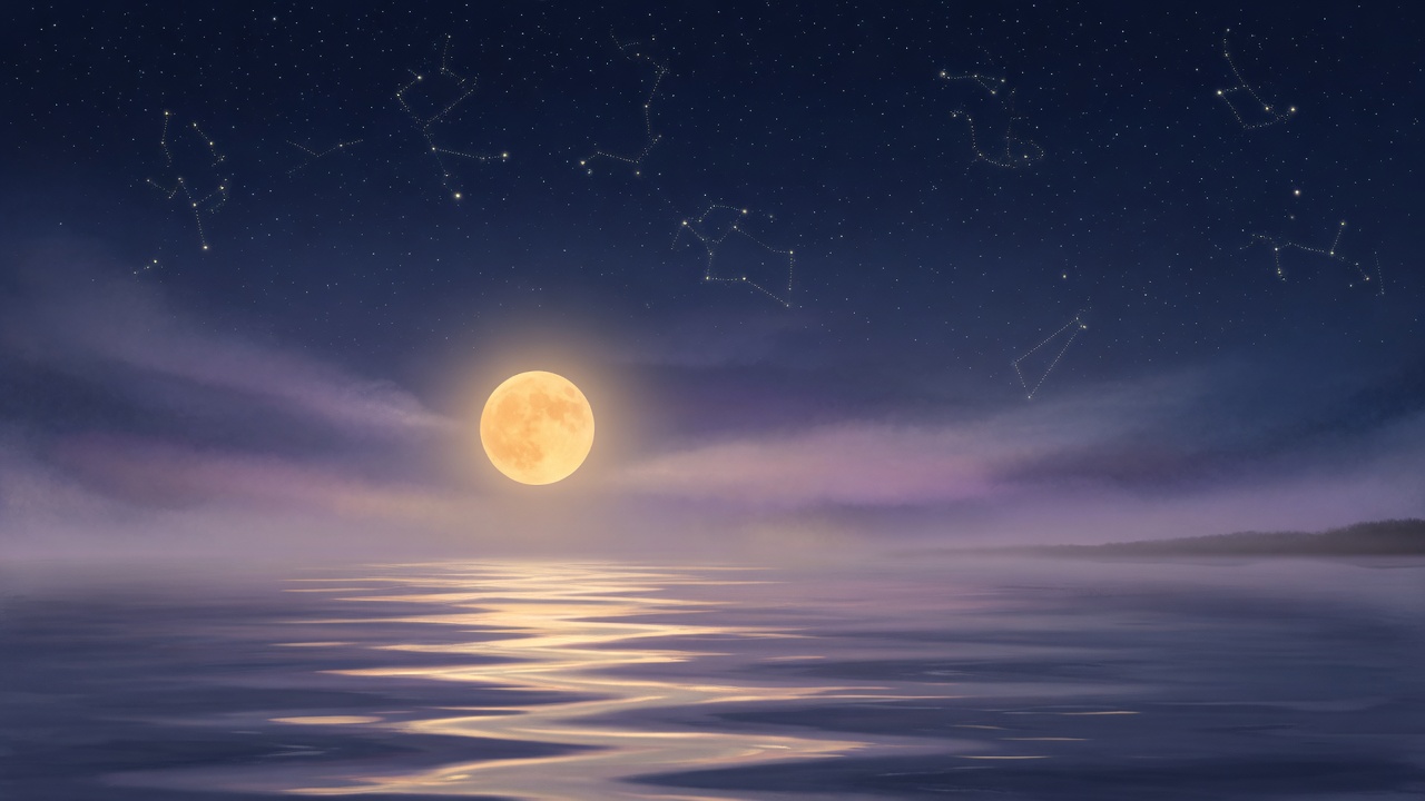 A low golden moon spilling light across calm water under the stars