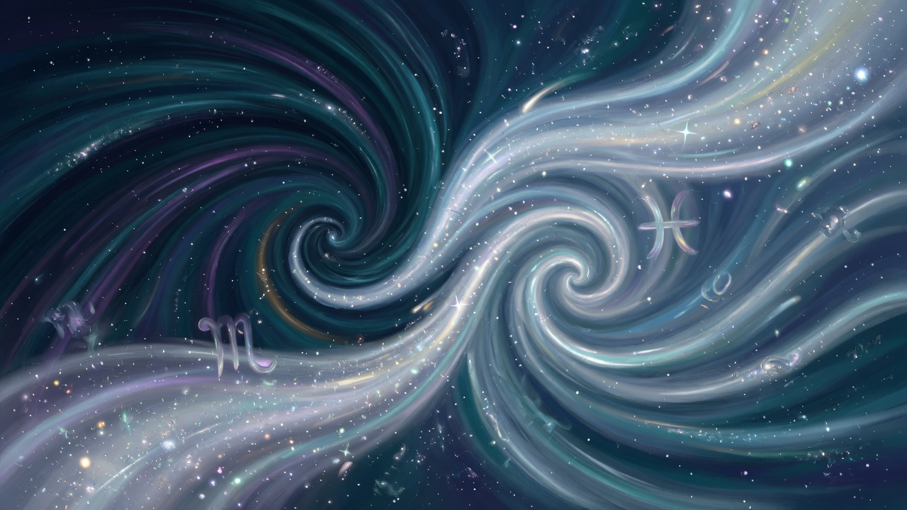 Two cosmic water currents spiraling into a single glowing star-studded stream