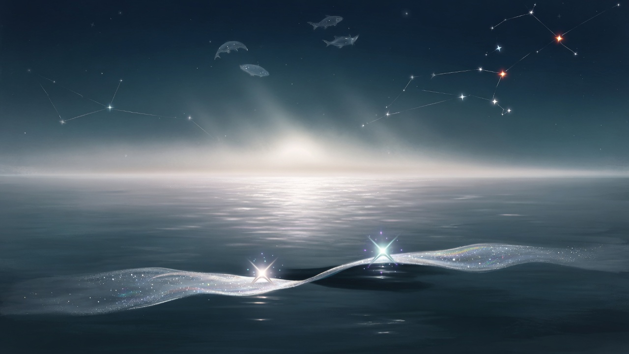 Two points of starlight close but distinct on a calm moonlit cosmic sea, joined by a ribbon of light