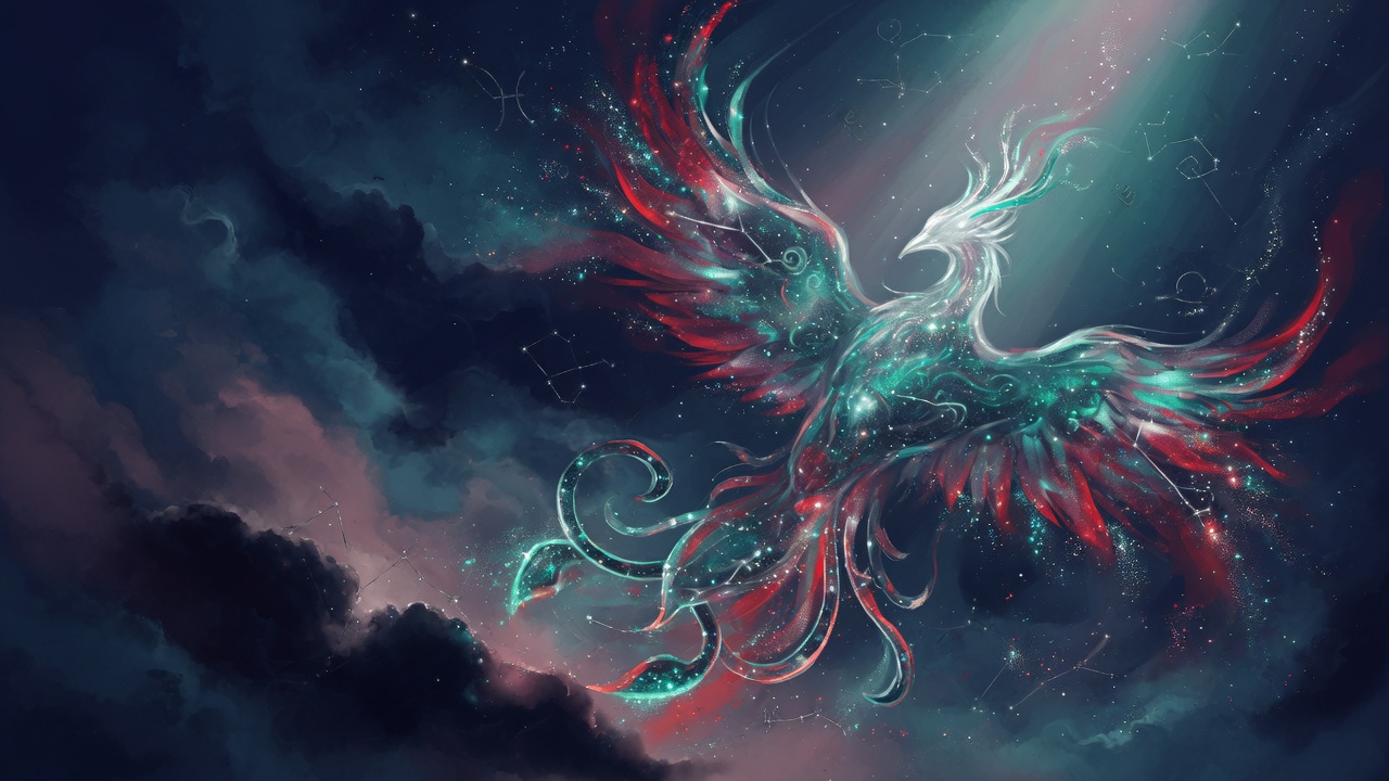 A luminous phoenix of aquamarine and crimson starlight rising from a nebula