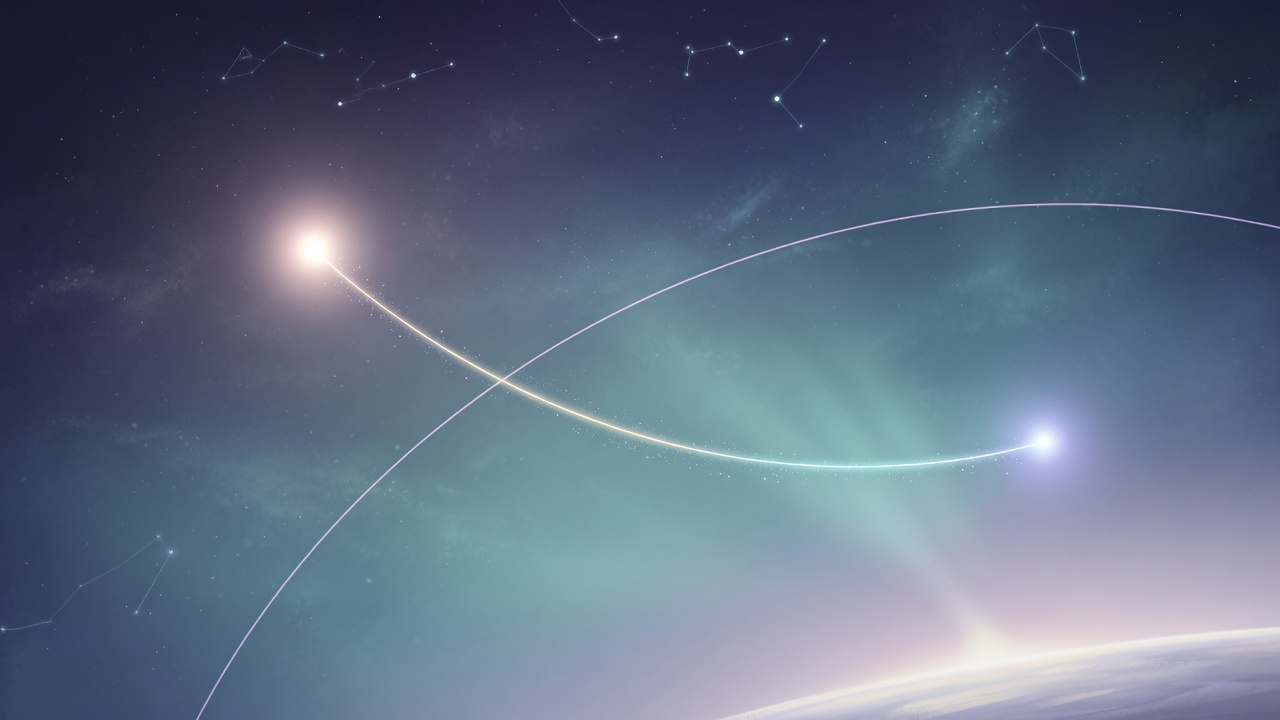 Two points of starlight joined by a single luminous thread across deep space