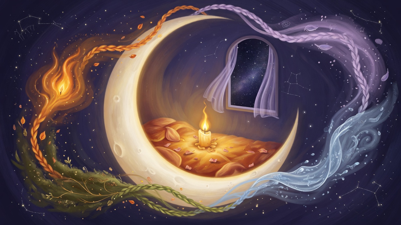 A cozy celestial room cradled in a crescent moon, braided with the four elements