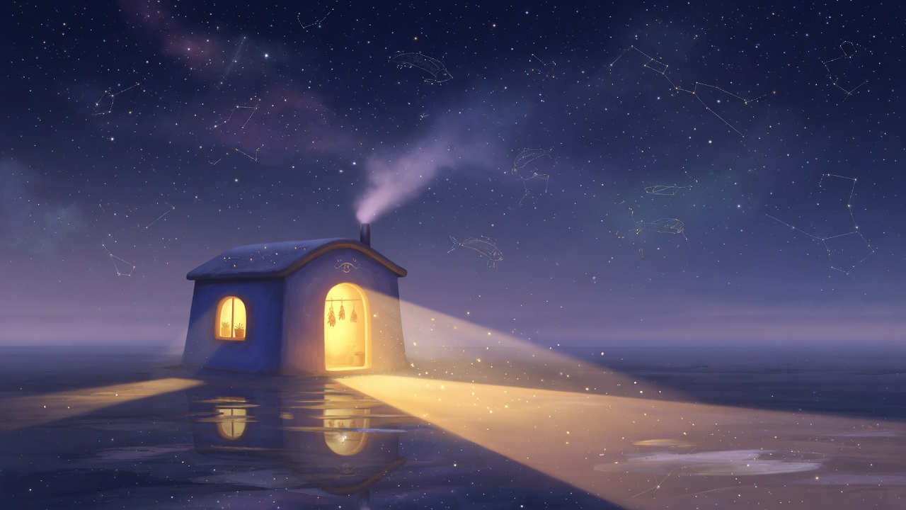 A tranquil celestial dwelling glowing warmly beneath a vast star-filled sky